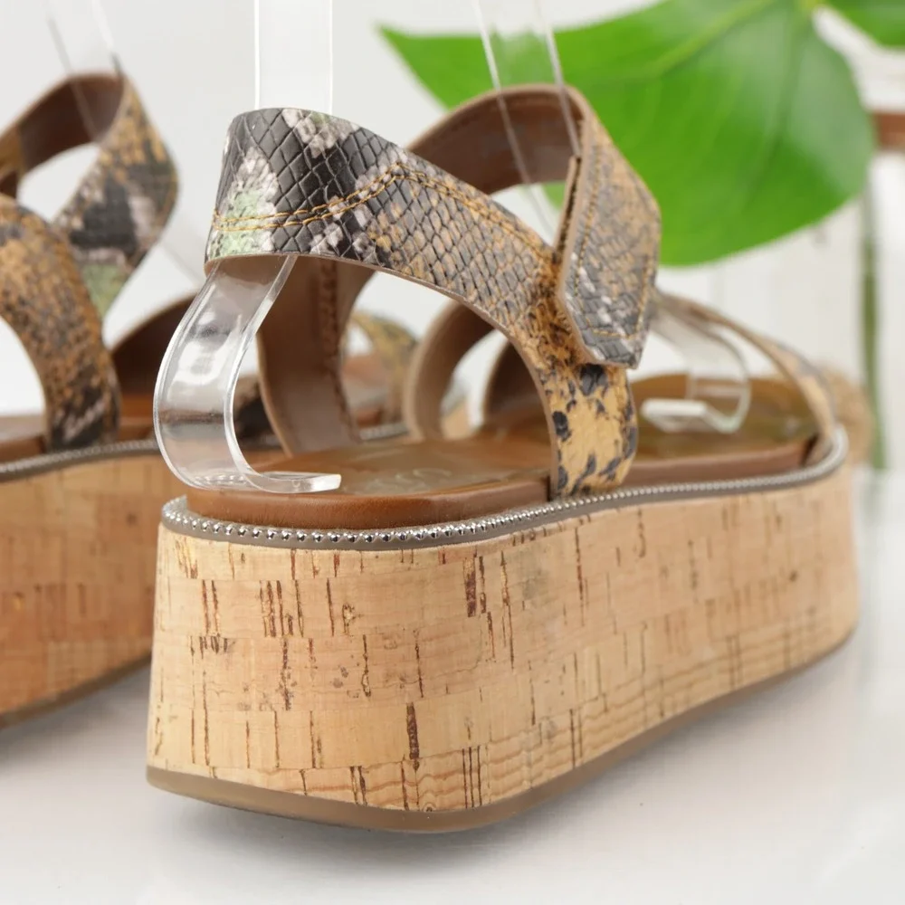 Franco Sarto Womens Ozio Sandals Size 8.5 Brown Snake Cork Wedge Platform Shoes